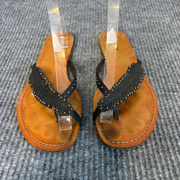 Coach Shoes - Coach Black Leather Feather Thong Sandals Women's Boho Studded Flip Flops